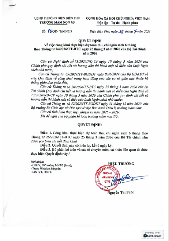 QUYẾT ĐỊNH Về việc công khai thực hiện dự toán thu, chi ngân sách 6 tháng theo Thông tư 26/2026/TT-BTC ngày 25 tháng 3 năm 2026 của Bộ Tài chính năm 2026