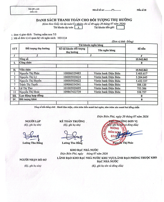 Danh sách thanh toán cho đối tượng thụ hưởng ngày 20/7/2026 (Thăng hạng)