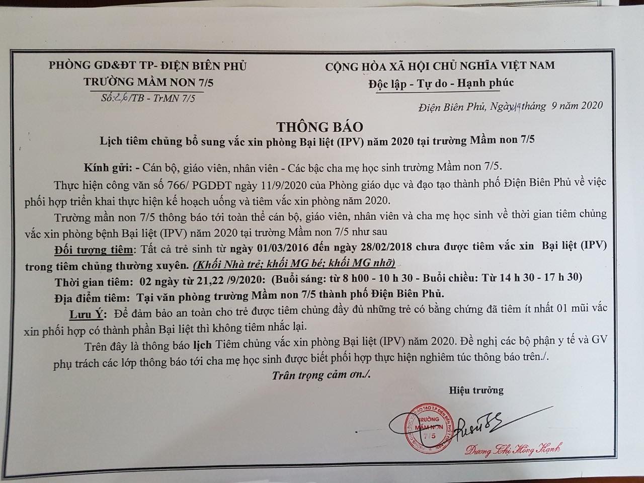 THÔNG BÁO LỊCH TIÊM CHỦNG VACXIN PHÒNG BẠI LIỆT CHO TRẺ CỦA TRƯỜNG MẦM NON 7/5